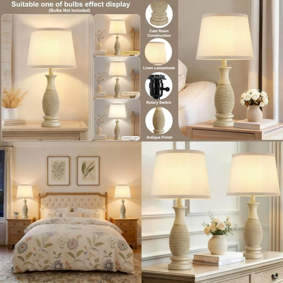 

Table Lamps Set of 2-21.6" Resin Farmhouse Bedside Lamps for Bedroom Living Room, Rustic Nightstand Bedroom Lamp with Rotary Sw