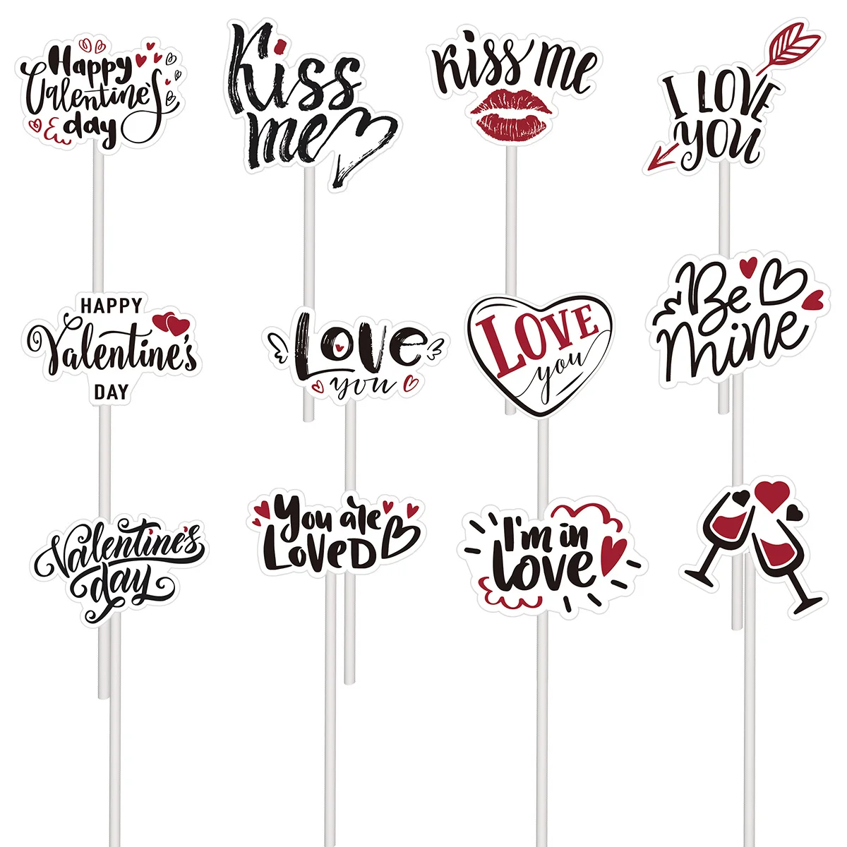 24Pcs Valentine' Day Cake Topper I Love You Red Heart Paper Topper For Wedding Engagment Party Valentine' Day Cake Decorations