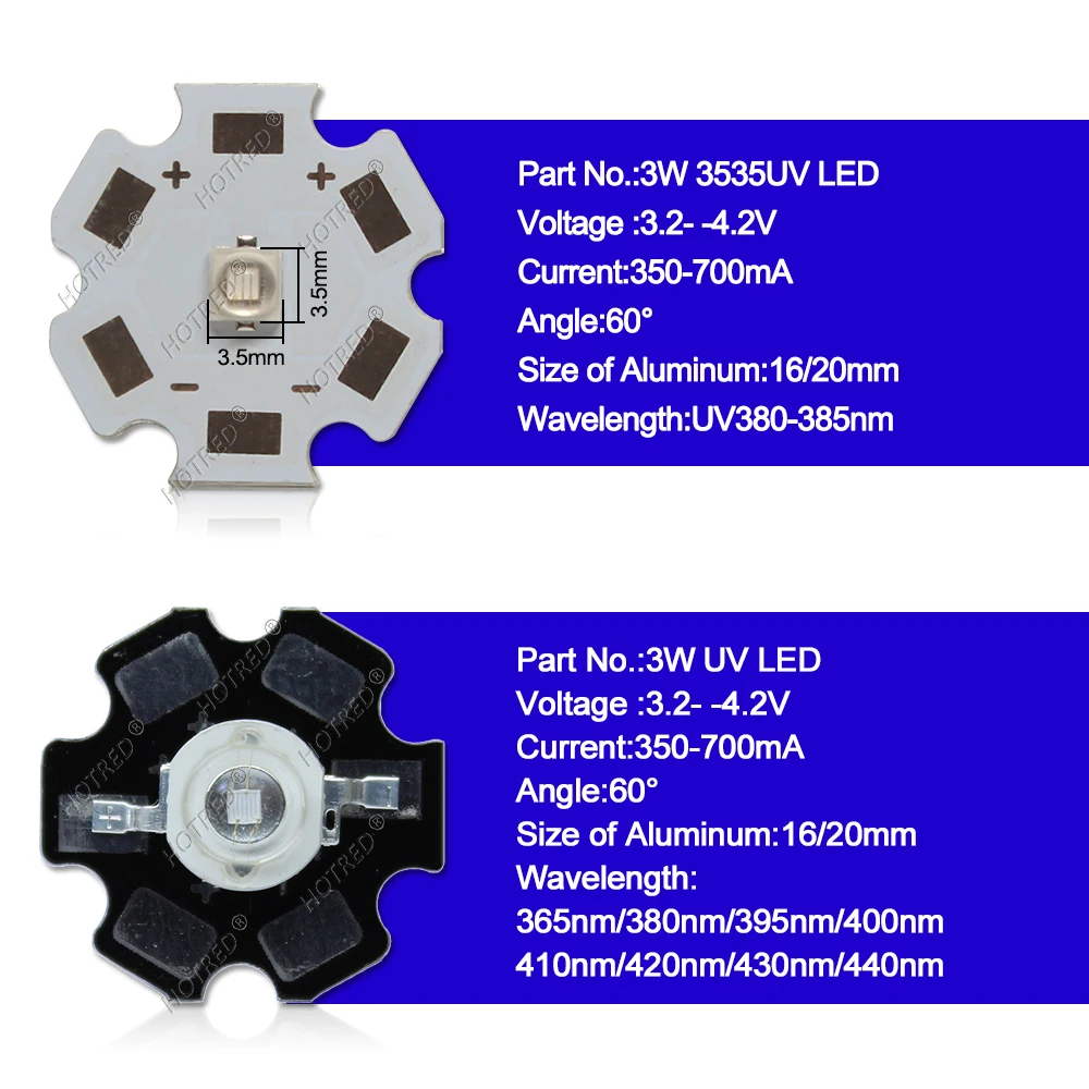 1-10pcs 3W 3535 UV Purple High Power LED Lamp Chip 365nm 385nm 395nm 400nm 410nm 420nm 430nm Beads Ultra Violet Light With PCB