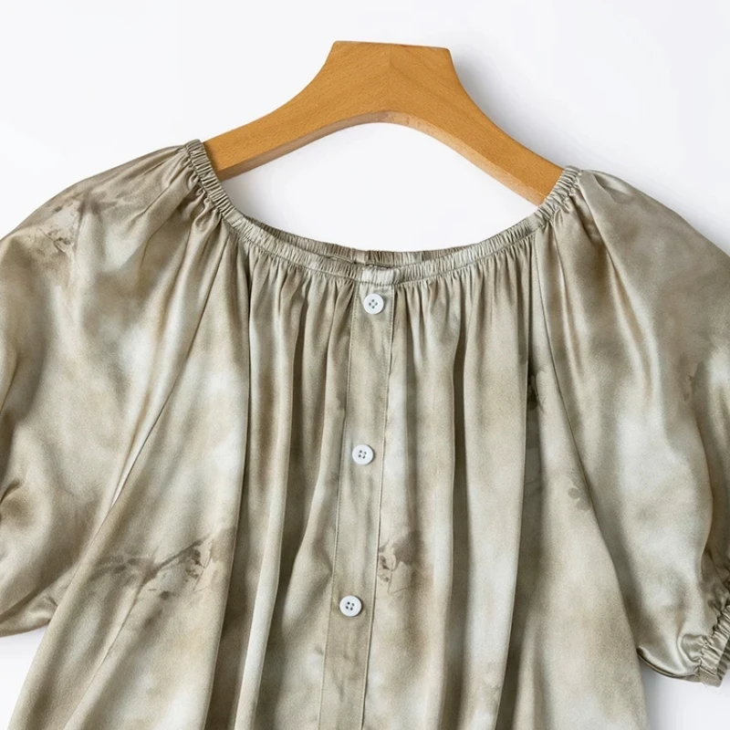 Birdtree, 93% Real Silk 7% Spandex Blouse, Slash Neck Puff Sleeve Shirt, Women Plain Satin Loose Tops, 2026 Summer New T65615JF