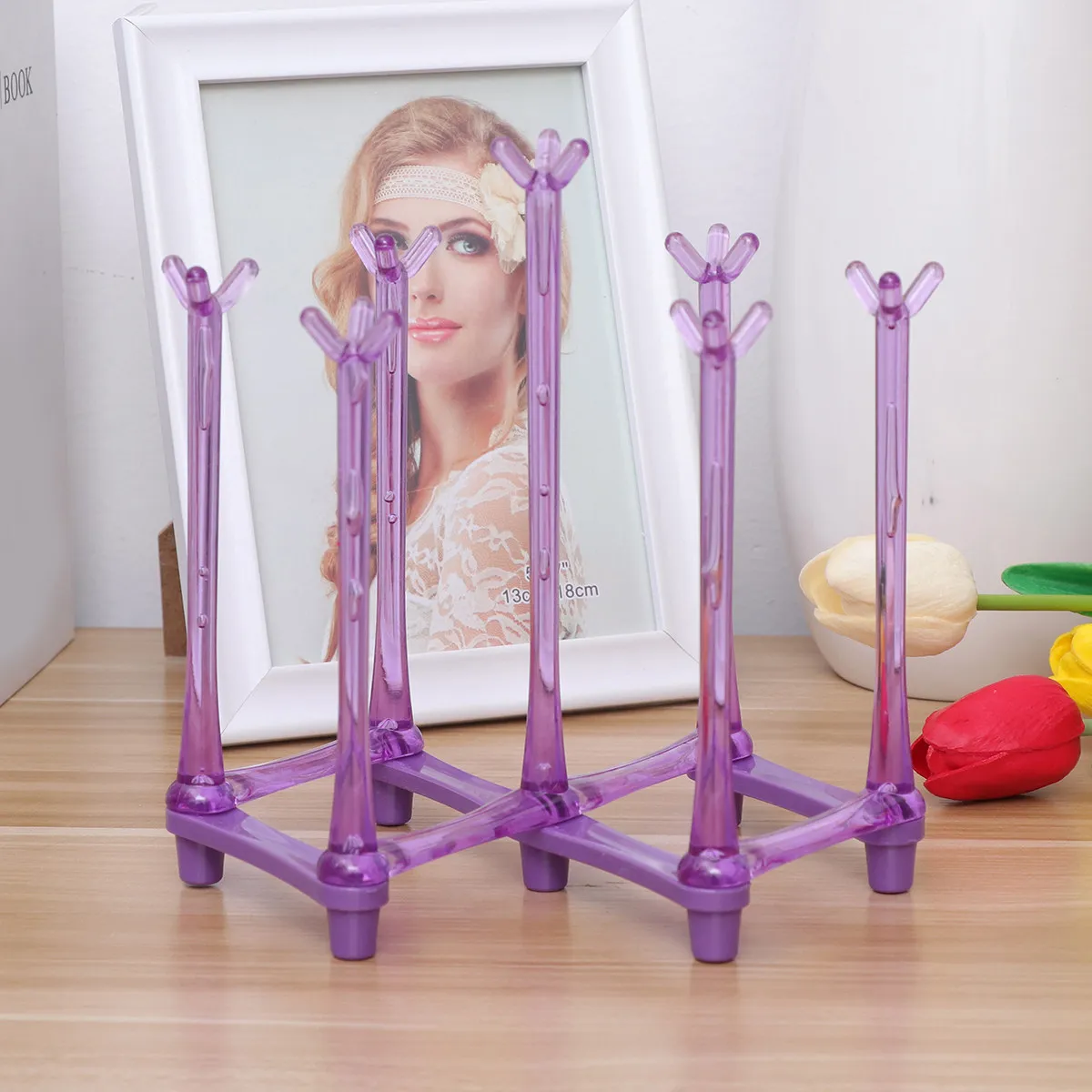 Plastic Foldable Stretchable Cup Rack 7 Sticks Goblet Storage Organizer Mug Drainer Baby Bottle Holder Kitchen Cup Shelf Purple