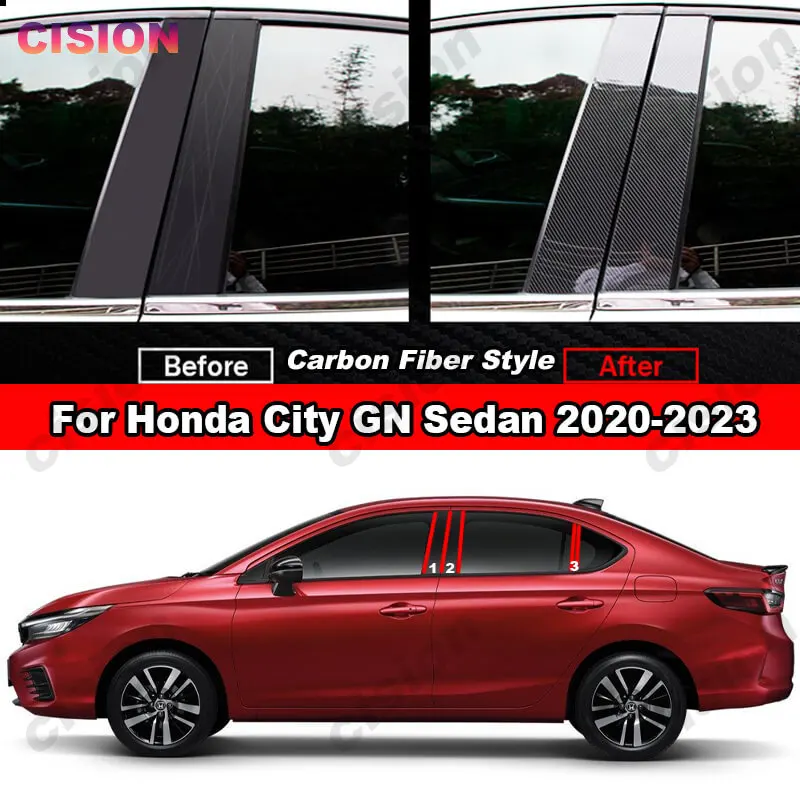 6x Carbon Fiber Car Door Window Center Column B C Pillar Post Cover Mirror Effect Trim Sticker for Honda City GN Sedan 2020-2024