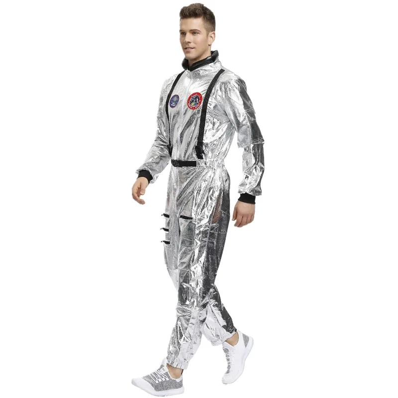 Traje de astronauta espacial prateado para homens e mulheres adultos, macacão Halloween Party Pilots, casal Cosplay