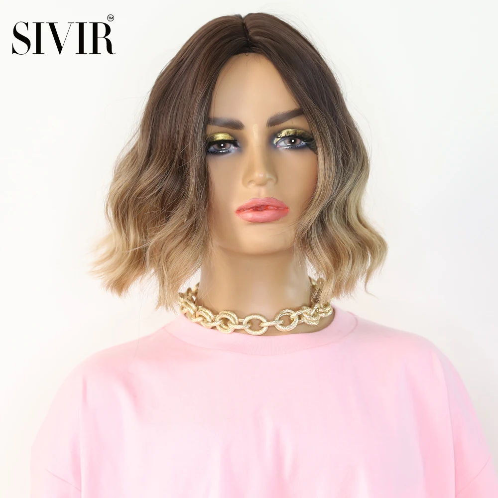 

Synthetic wig Brown to Light Blonde Ombre Hair Medium Natural Wave Layered Bob Middle Part For Women Heat Resistant Cosplay Wigs