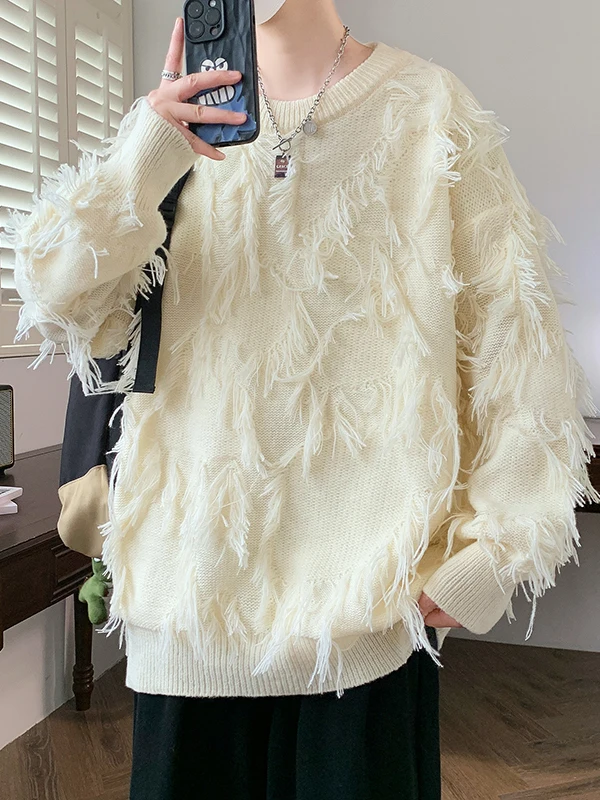 

Мужской вязаный свитер с кисточками, зимний белый круглый пуловер Ne, мягкий свободный крой, повседневный молодежный свитер, прочный нейлоновый полиэстер