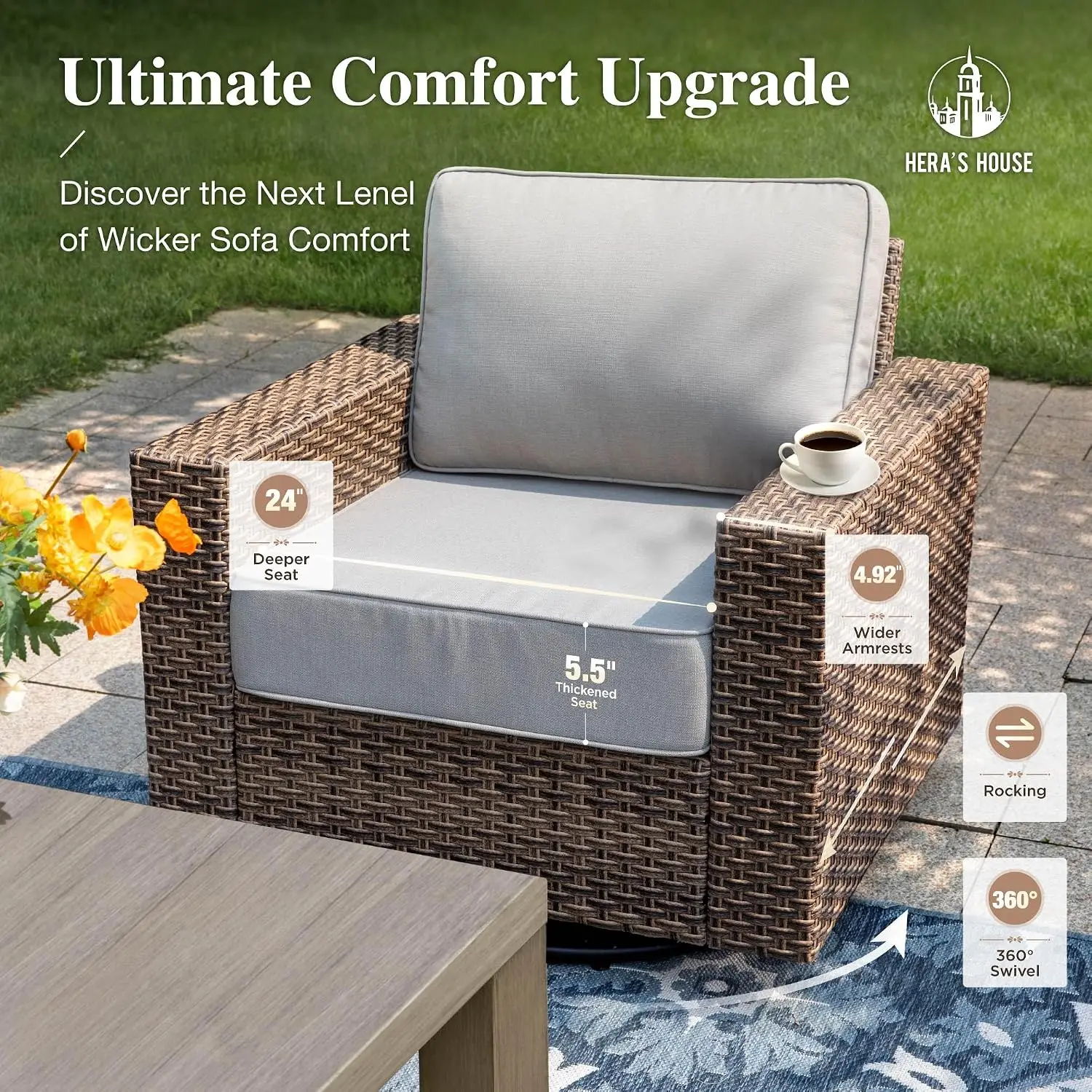 6-Piece Patio Furniture Set with Wide Arm, Grey, Customized