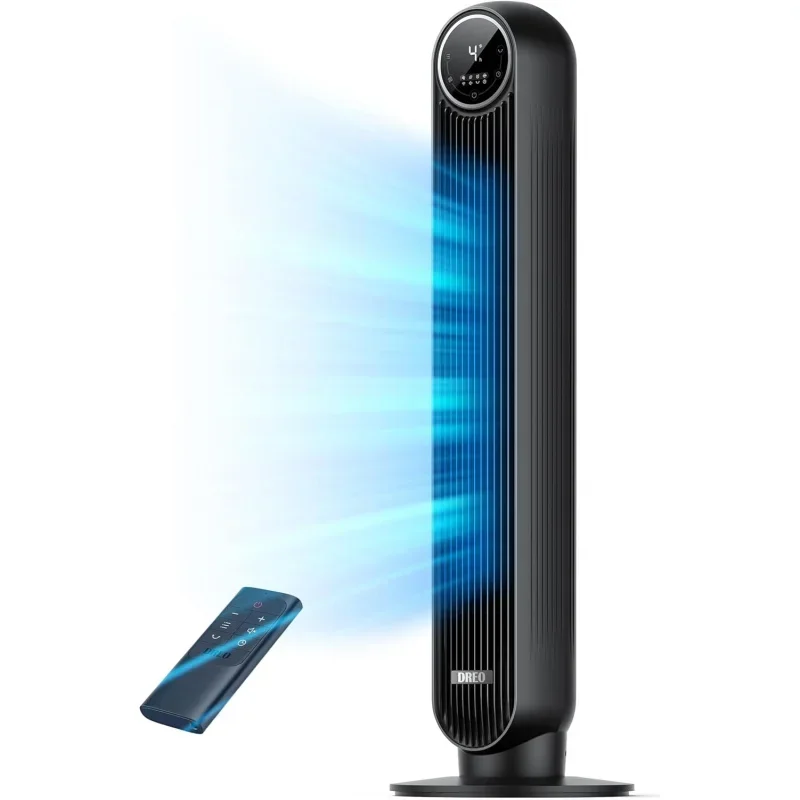 Quarto QWTower, ventilador de chão silencioso com velocidade de 25 pés/S, 90 °     Ventiladores oscilantes para ambientes internos com 4 velocidades, 4 modos, temporizador 8H,