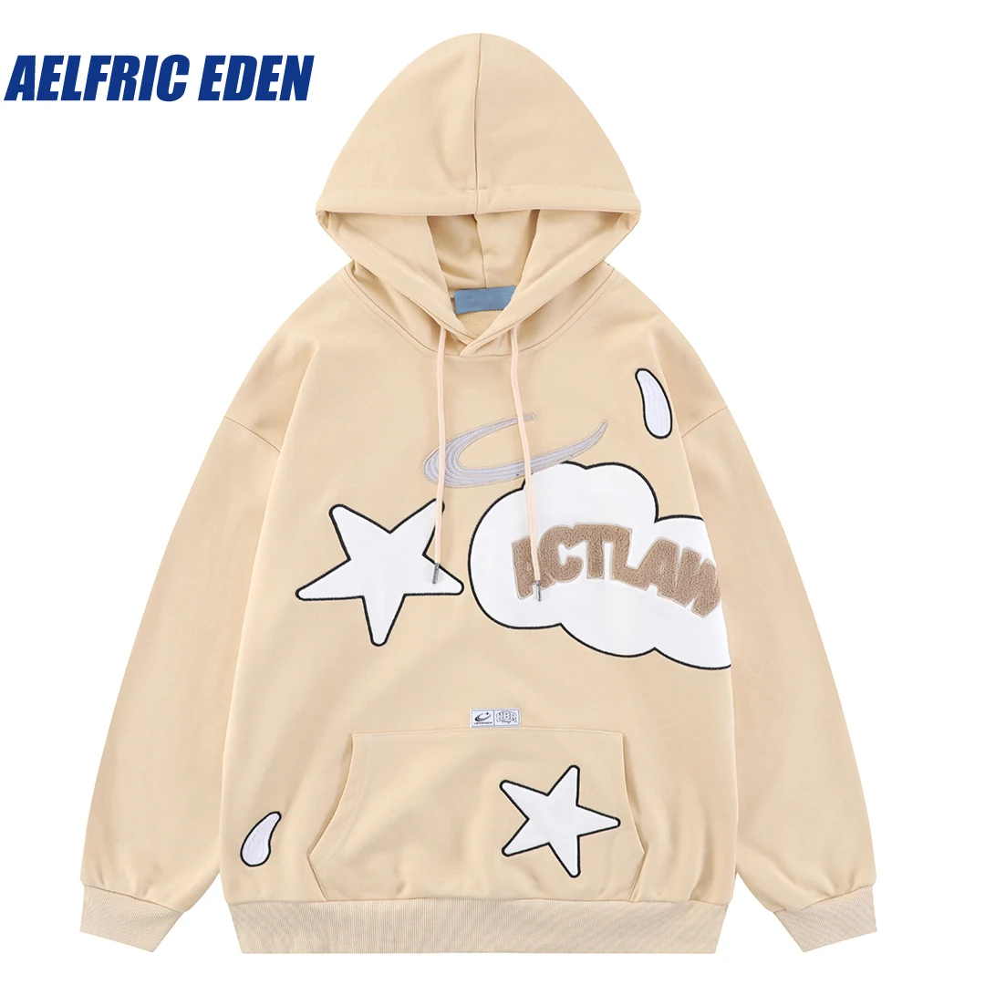 

Aelfric Eden Flocking Letters Embroidered Stars Hoodie 2023 Harajuku Hip Hop Loose Cotton Hooded Streetwear Sweatshirt Pullover