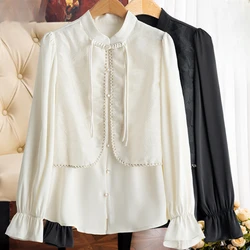 Satin Chinese Style Women's Shirts Silk Vintage Blouses Loose Spring/Summer Clothing Long Sleeves Patchwork Women Tops