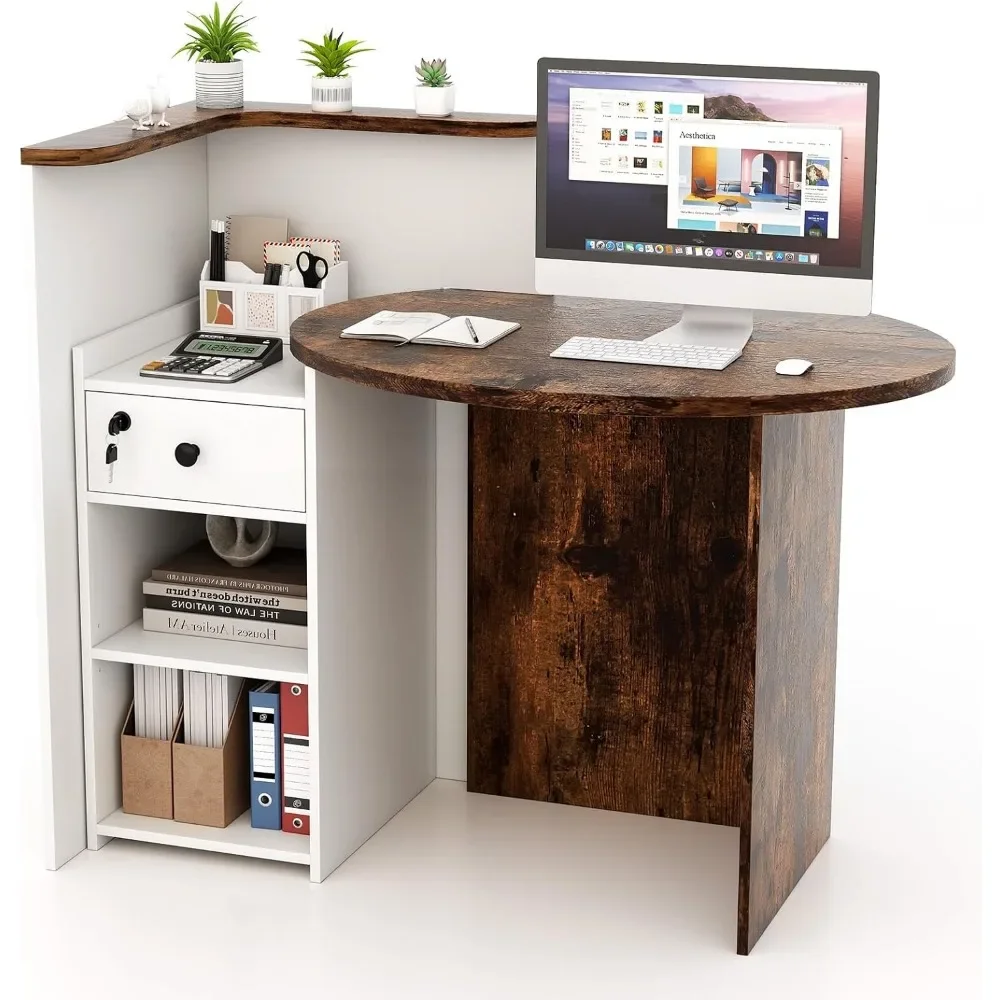 

Small Retail Checkout Counter with Lockable Drawer and Open Shelves, Wooden Computer Workstation, Reception Desks