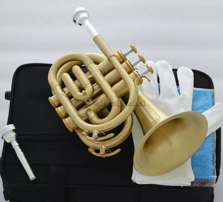 Matt Brass Bb Pocket trumpet horn Large Bell Abalone Key 2 Mouthpiece With Case