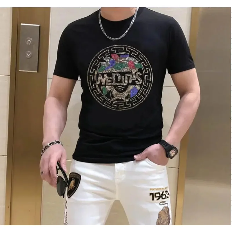 S-6XL Streetwear Men Diamonds Summer Mens Rhinestones Graphic T Shirt Male Fashion Tees Casual anime Tops