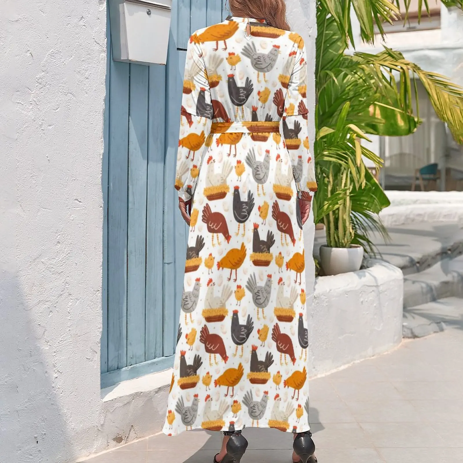 Funny Chicken Print Dress Easter Egg Pattern Elegant Design Maxi Dress High Waist Long Sleeve Streetwear Bohemia Long Dresses