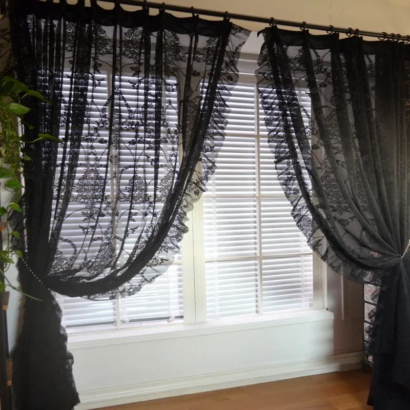 Black Ruffled Lace Sheer Curtains for Kitchen Farmhouse Crystal Beads Mesh Wedding Background Jacquard Floral Window Drapes