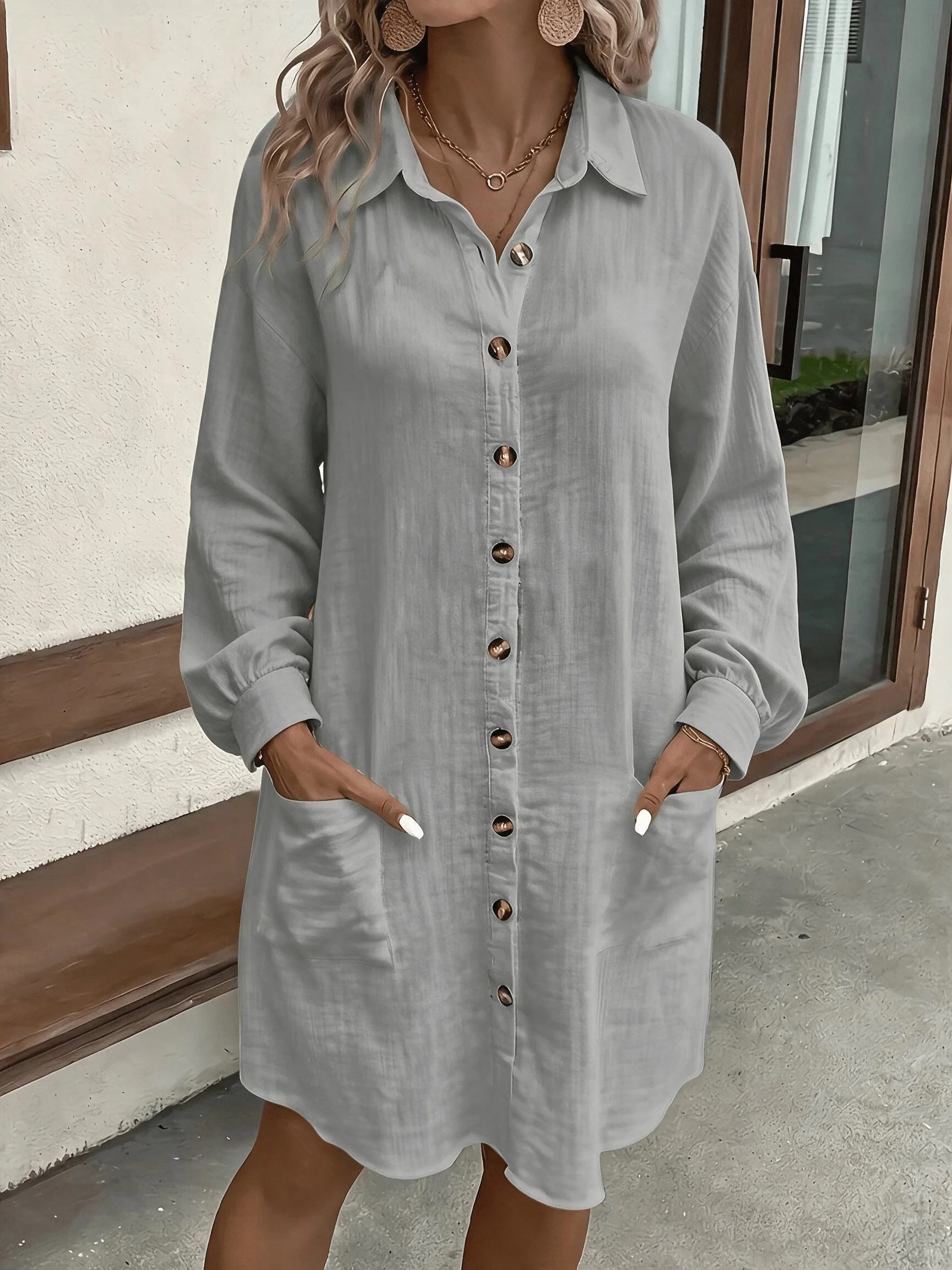 Frühling Sommer Damen Hemdkleid mit Umlegekragen, Locker Geschnittenes Übergroßes Midi-Kleid mit Knopfleiste und Seitentaschen, Lässiges Strandkleid – Detail 4
