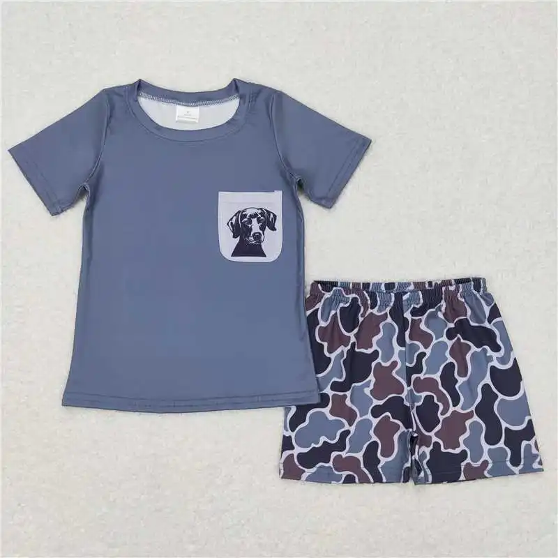 wholesale hot sale children\'s clothing baby boys clothes kids Embroidered camo green short-sleeved shorts boutique set