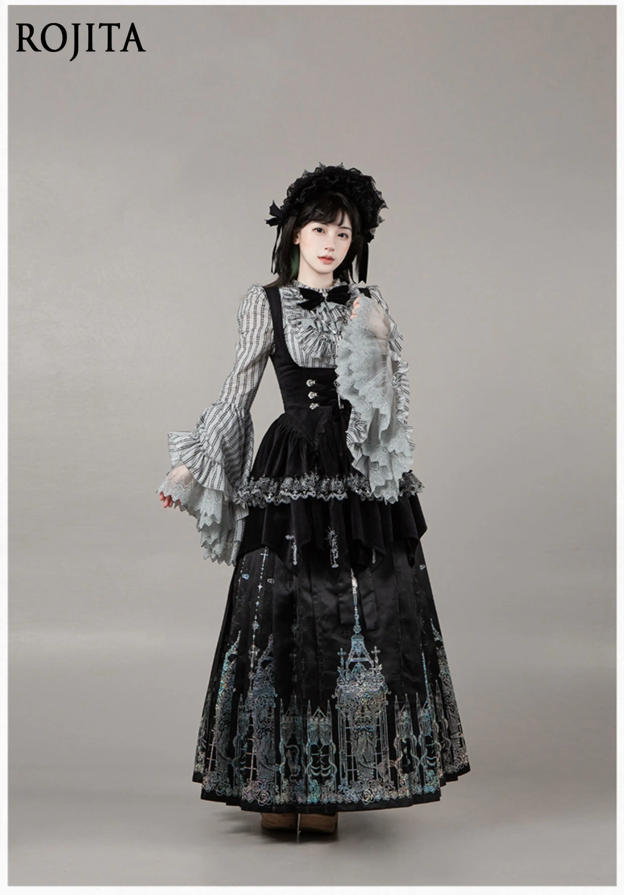 

Dark Gothic Style Retro Square Neck Black Long Dress OP Large Sleeve Shirt Chest Support Embroidered Horse Face Skirt