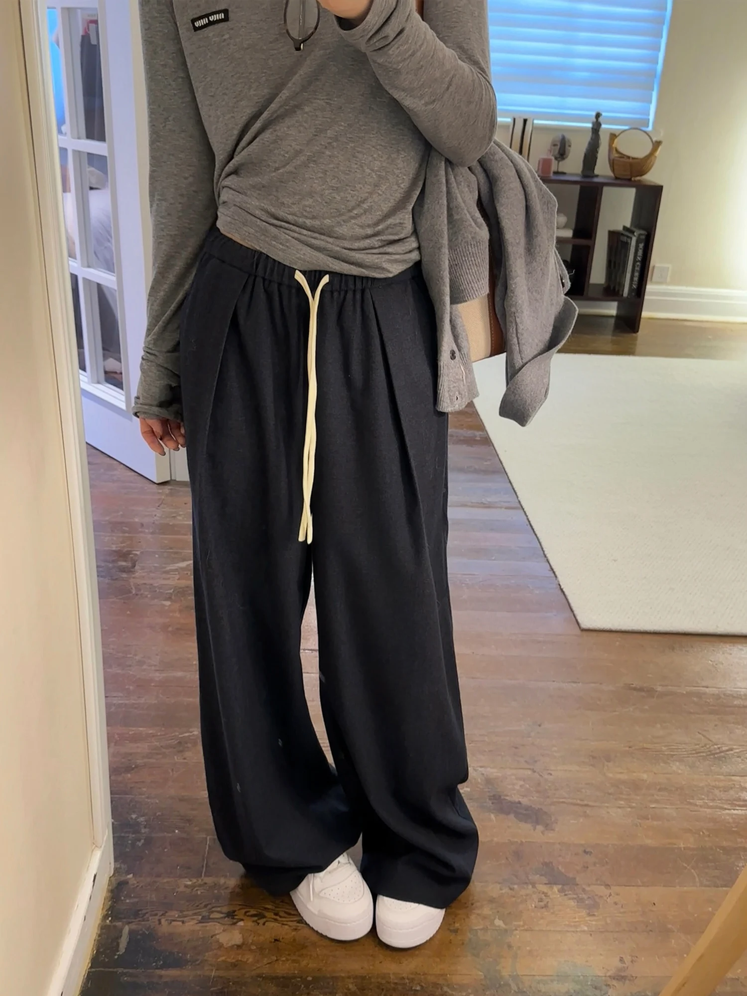 

Джинсы женские с высокой талией, широкими штанинами и прямым кроем, осенние, из хлопкового стрейч-денима, с завязками на талии, для пышных форм