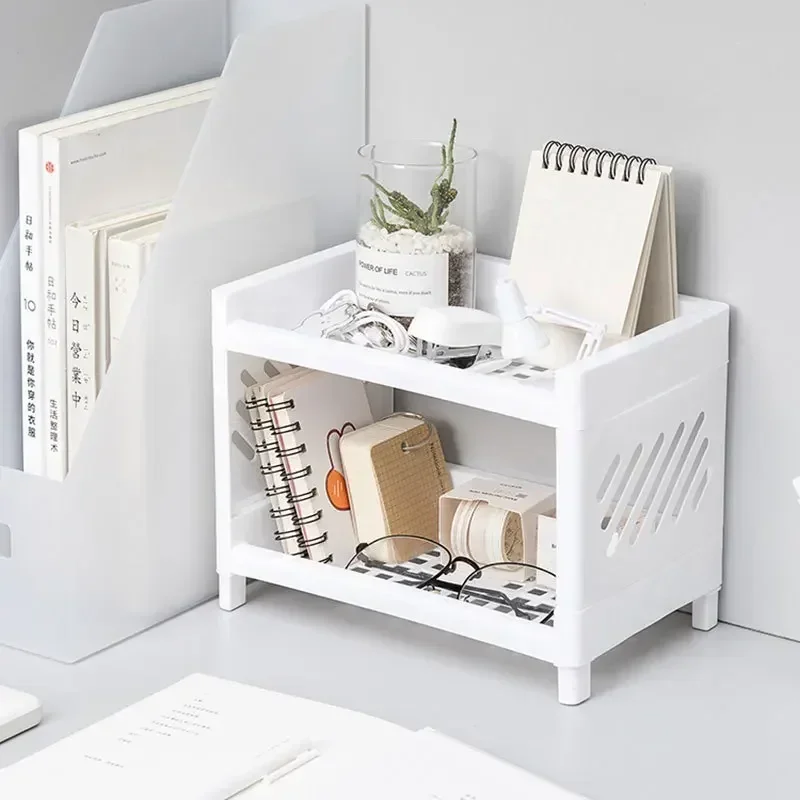 1PC Desktop Double Layer Storage Rack Rectangular White Organizing Student Desk Office Cosmetics Stationery Organizer Holder