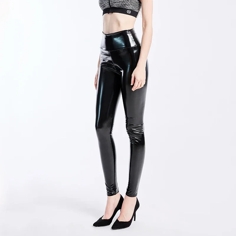 Women Black Leggings Sexy High Waist Elastic Pu Leather Skinny Pants Shiny Wet Look Metallic Latex Leggings Plus Size XXXL