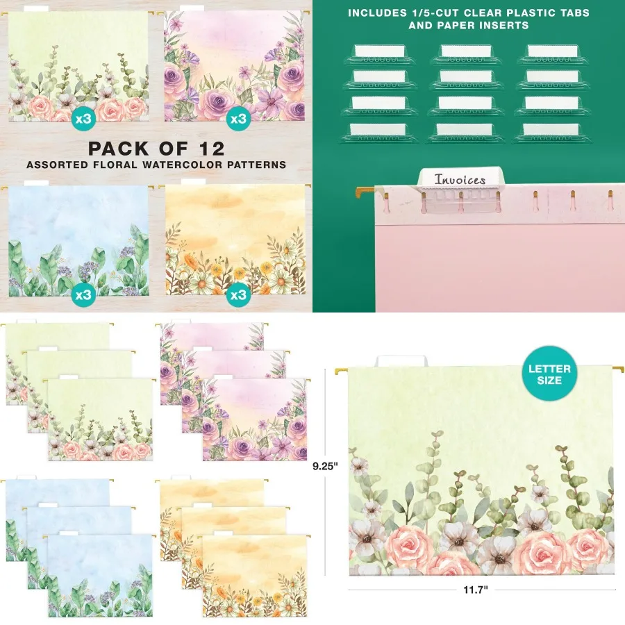 productos-impresos-globales-carpetas-de-archivos-colgantes-impresas-de-disenador-de-lujo-4-patrones-tamano-de-letra-12-pk-acuarela-floral-ideal-para