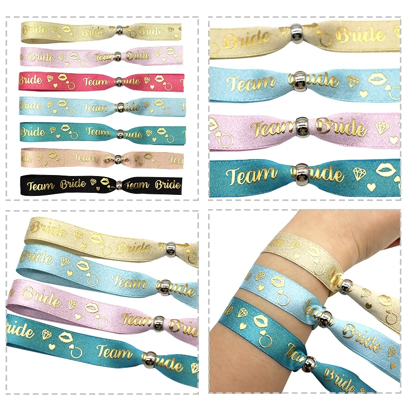 11PCS/Set 10set/lot Gold Foil Bride Adjustable Bucket Wedding Wristband Team Bride Gold Glitter Ribbon Bracelets For Party