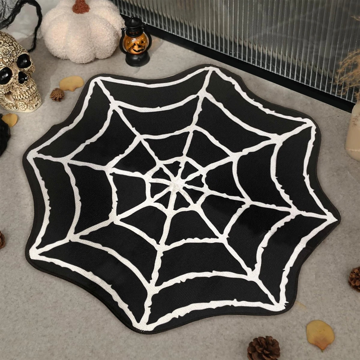 Alfombra de tela de araña para corredor de pasillo de Halloween, alfombra gótica escalofriante lavable, negra y blanca, alfombras antideslizantes con acento de telaraña para decoración del hogar, 1 unidad