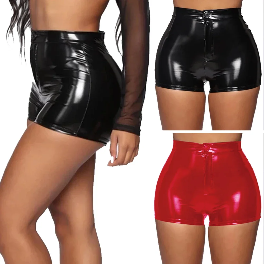 

Women's Glossy Wet Look Faux Leather Hot Pants Slim High Waist Bodycon Biker Short Pant Female Skinny Motorcycle Shorts Clubwear