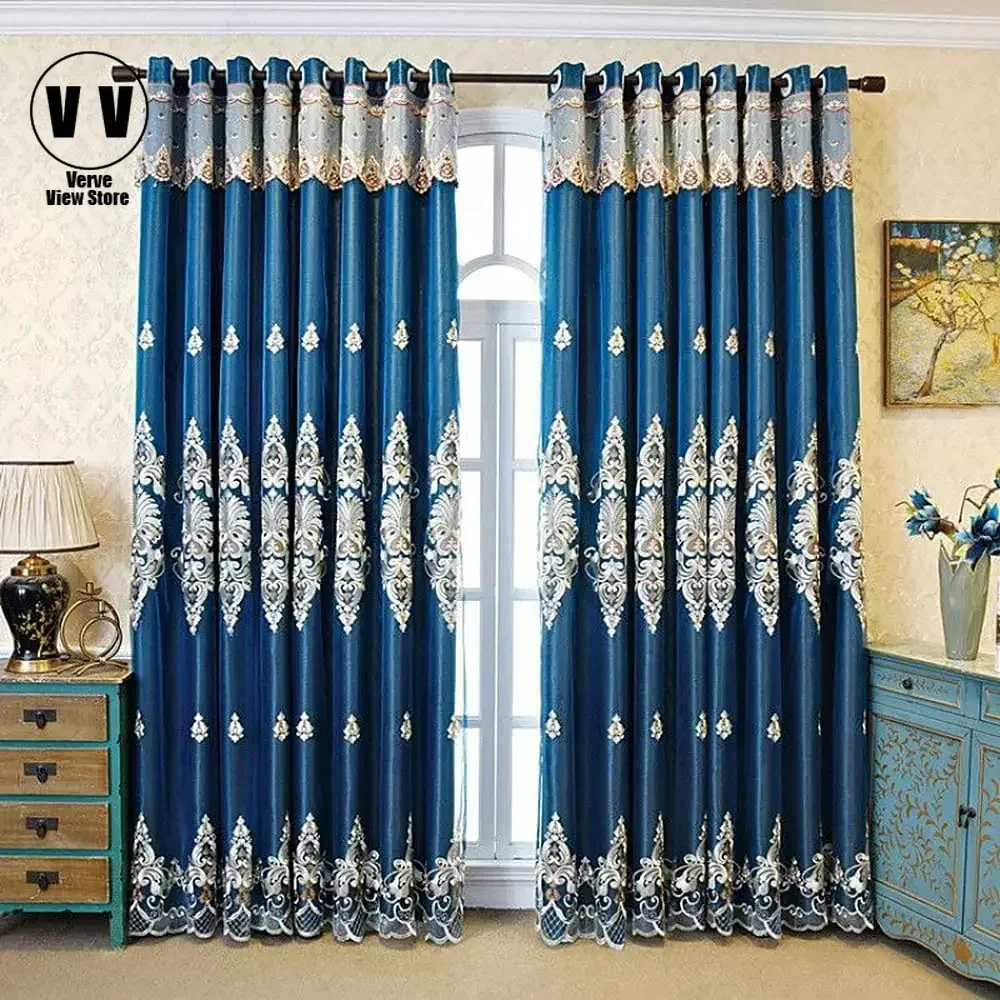 

1 Panel 160cm Width Double Layer Curtain Solid Cloth Curtain with Luxury European Embroidered Sheer Curtain for Living Room