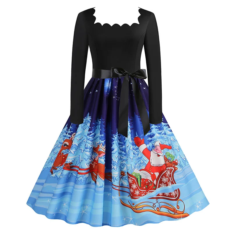 فستان نسائي عتيق لعيد الميلاد بياقة مربعة وأكمام طويلة مطبوع أنيق للحفلات المسائية وعيد الميلاد فستان صيفي متوسط الطول لخريف وشتاء