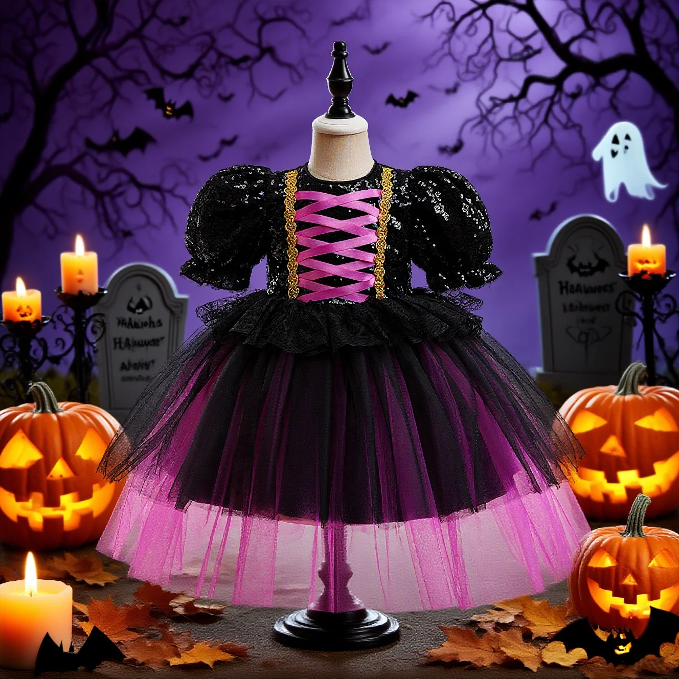 

Детский костюм на Хэллоуин, фиолетовое и черное платье из тюля для девочек