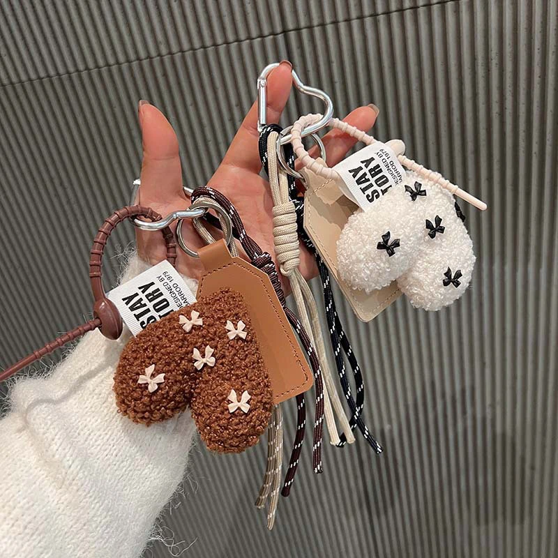 Korean Bow Love Plush Pendant Creative Weaving Rope Keychain Ins Style Vintage Keyring Fashion Bag Charms Key Accessories