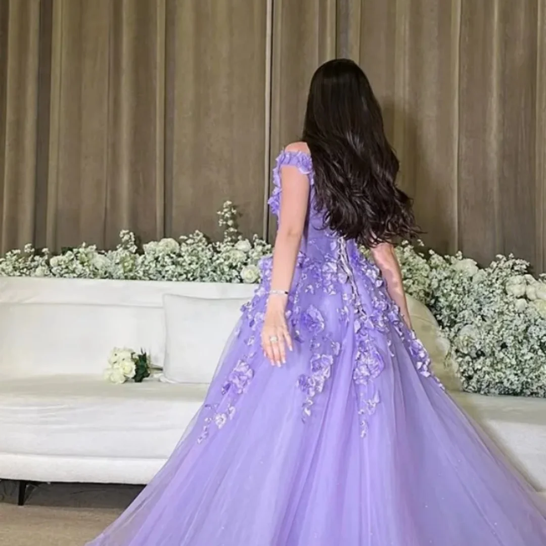 Amanda Aangepaste Paarse 3D Bloemen Prom Dress Spaghetti Vestidos De Noche Mesh Stof Vloerlengte Formele Avond 2025