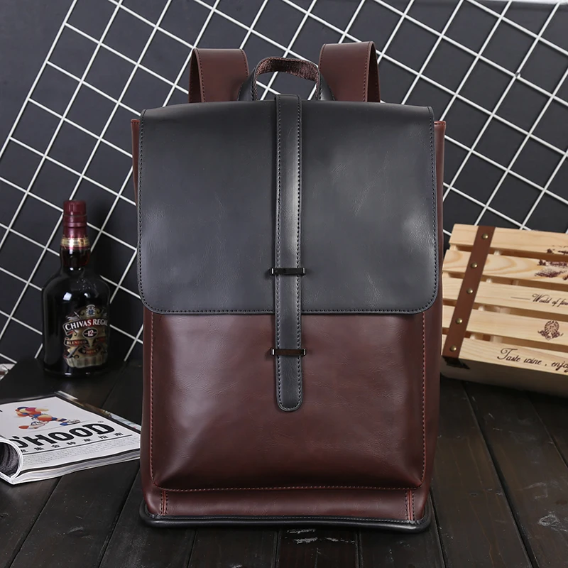Men\'s Business Office Backpack School Bookbag Large Vintage Backbag Male Belt Solid Computer Laptop Bag Pack PU Leather Brown