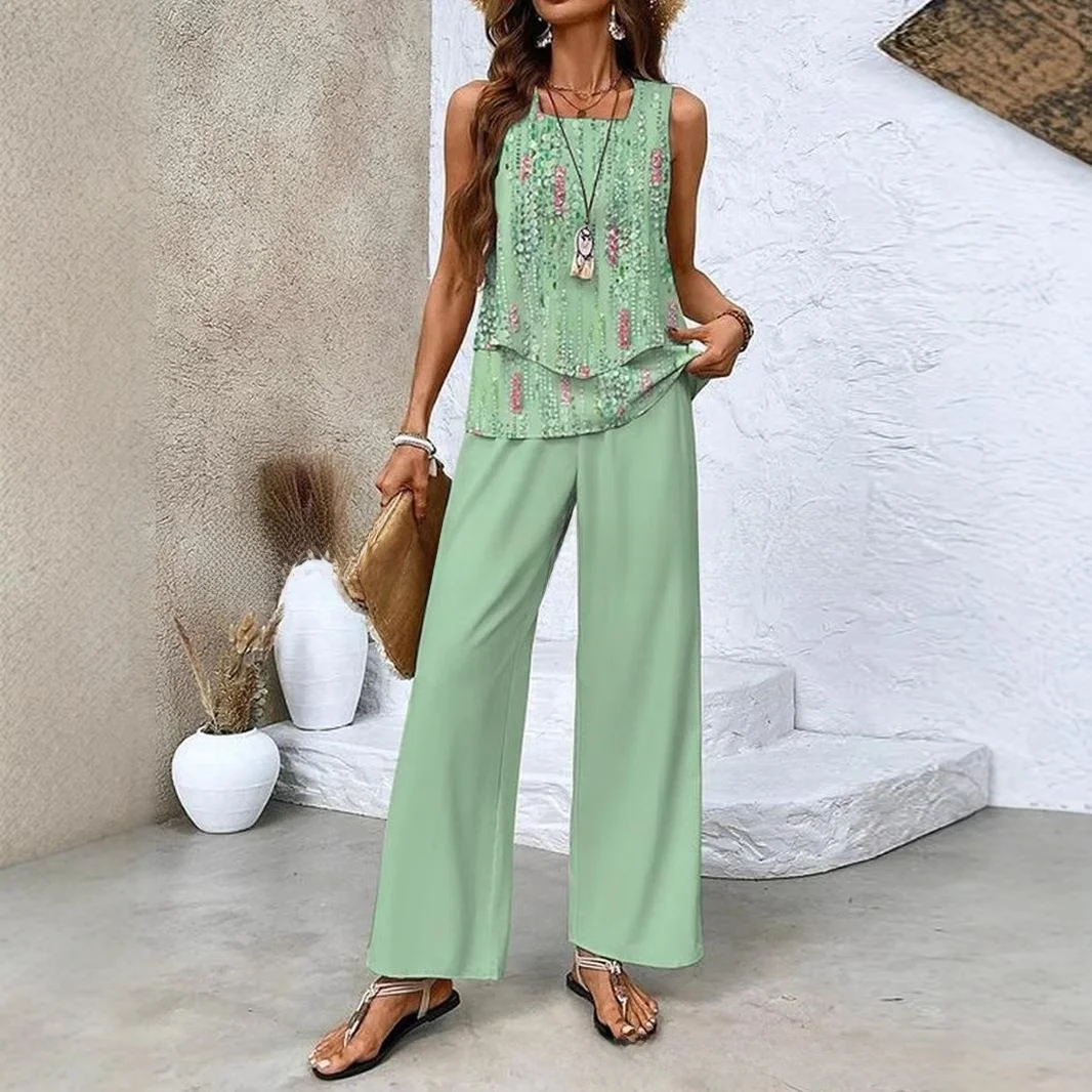 

Women's Double Layer Vest Top Pants Suit Casual Sle Long Sve Summer Faion Set Tee Piece Set Long Pants Skirt