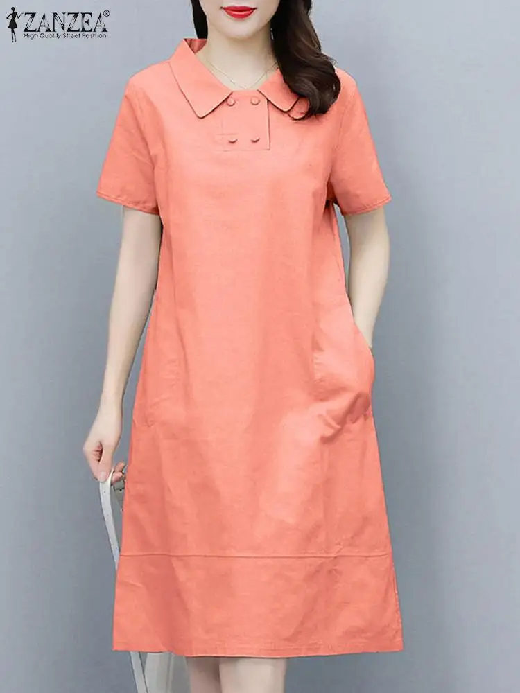 ZANZEA Fashion Summer Short Sleeve Casual Loose Shirt Dress Women Lapel Neck Solid Work Sundress Kaftan Knee-length Vestidos