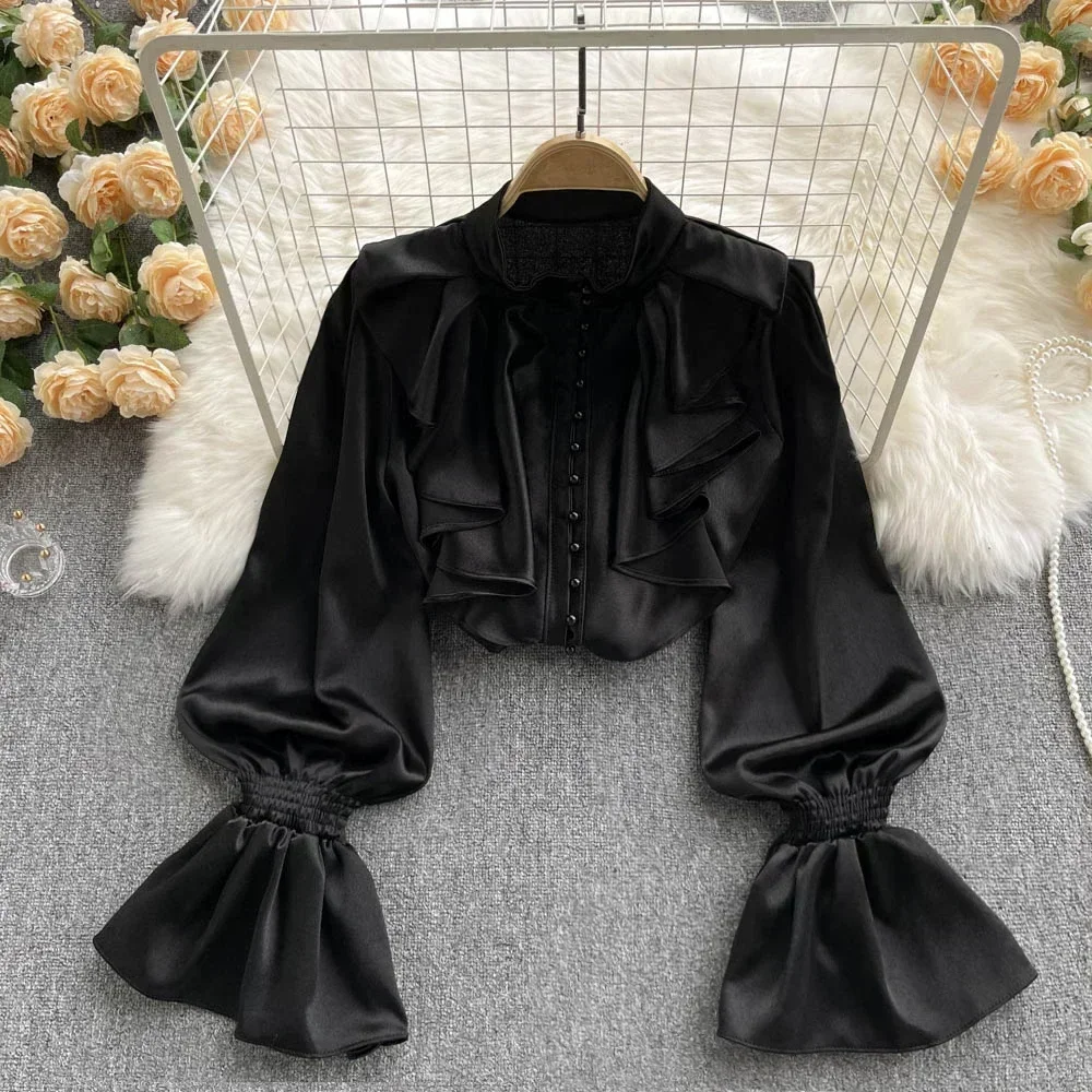 Fashion Korean White Blouse Women Blusas Stand Neck Chiffon Shirts Long Sleeve Ruffles Lace Blouses Vintage Elegant Femme Tops