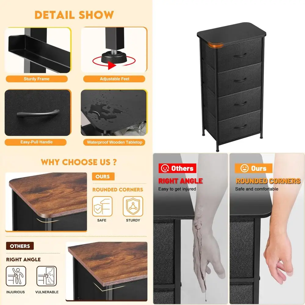 

Curved Profile 4-Drawer Fabric Chest with Waterproof Wood Top for Bedroom, Hallway, Living Room, and Kids' Room in Charcoal Blac