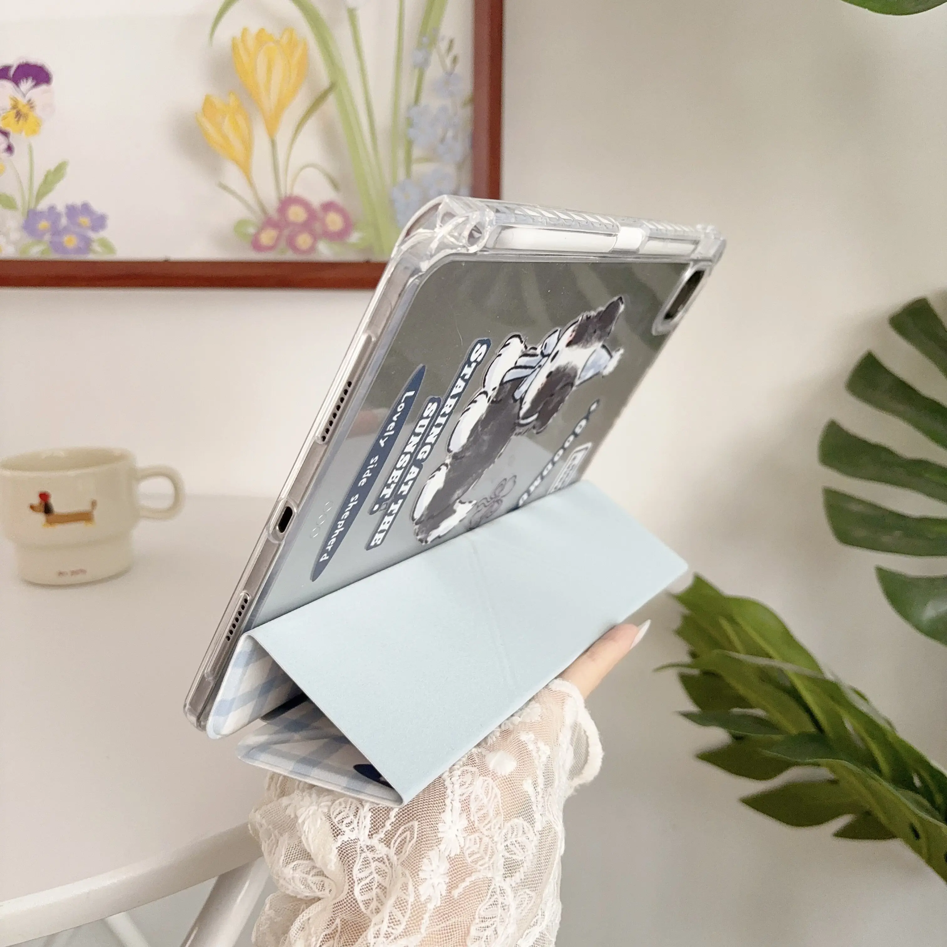 Ins KoreanCute Blue Dog Y-Fold Y2K Tablet Case For iPad Pro 13in 11th M5M4 12.9in A16 7/8/9/10th Air4/5/6/7 11in M2M3 Mini Cover