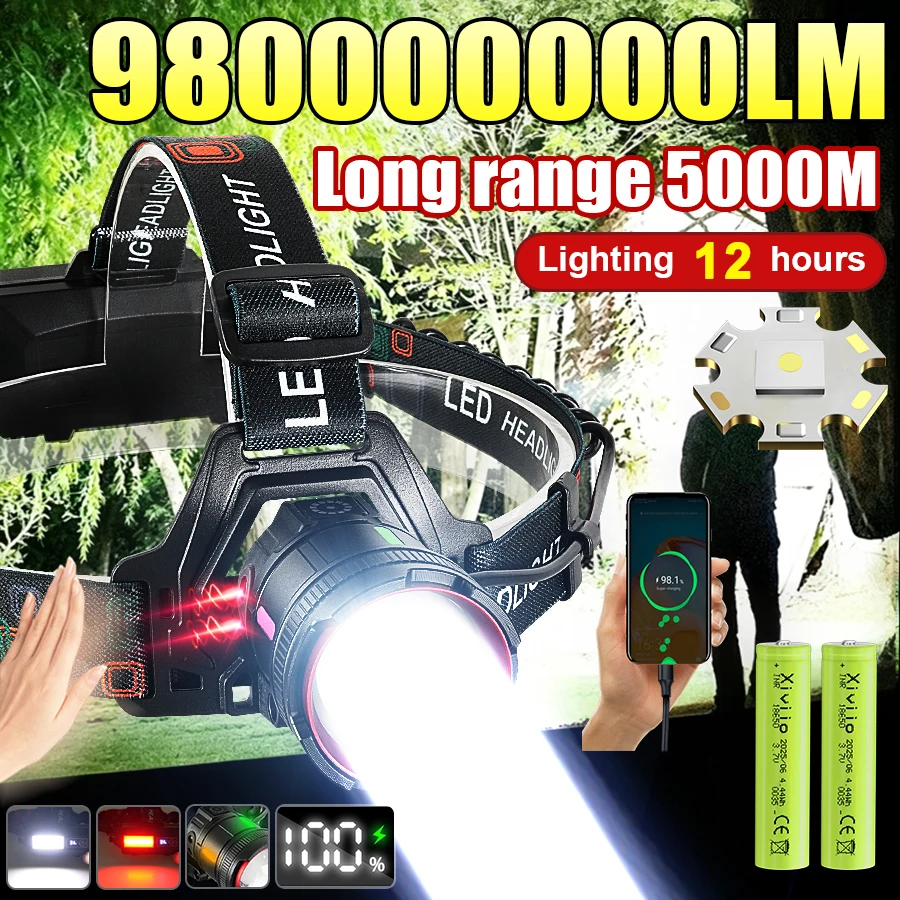 

98000000LM LED Sensor Headlamp Super Bright 5000M Headlight Most Powerful Head Flashlight Waterproof Outdoor Fishing Lantern