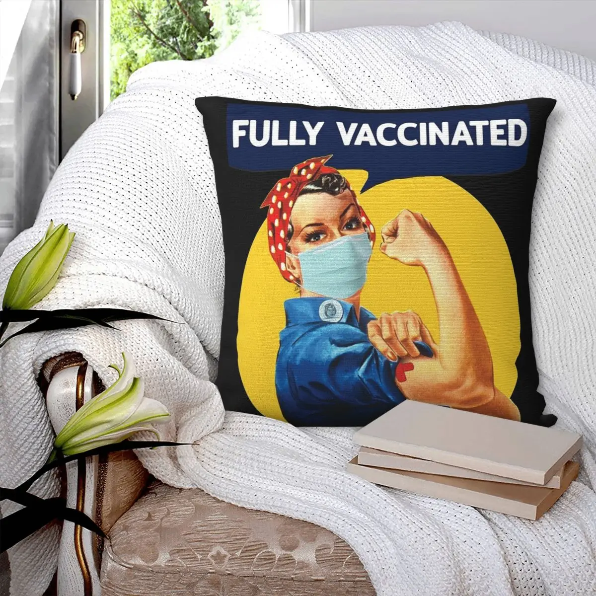 Fully Vaccinated Covid Vaccine Rosie The Riveter Square Pillowcase Pillow Cover Cushion Comfort Throw Pillow for Home Bedroom