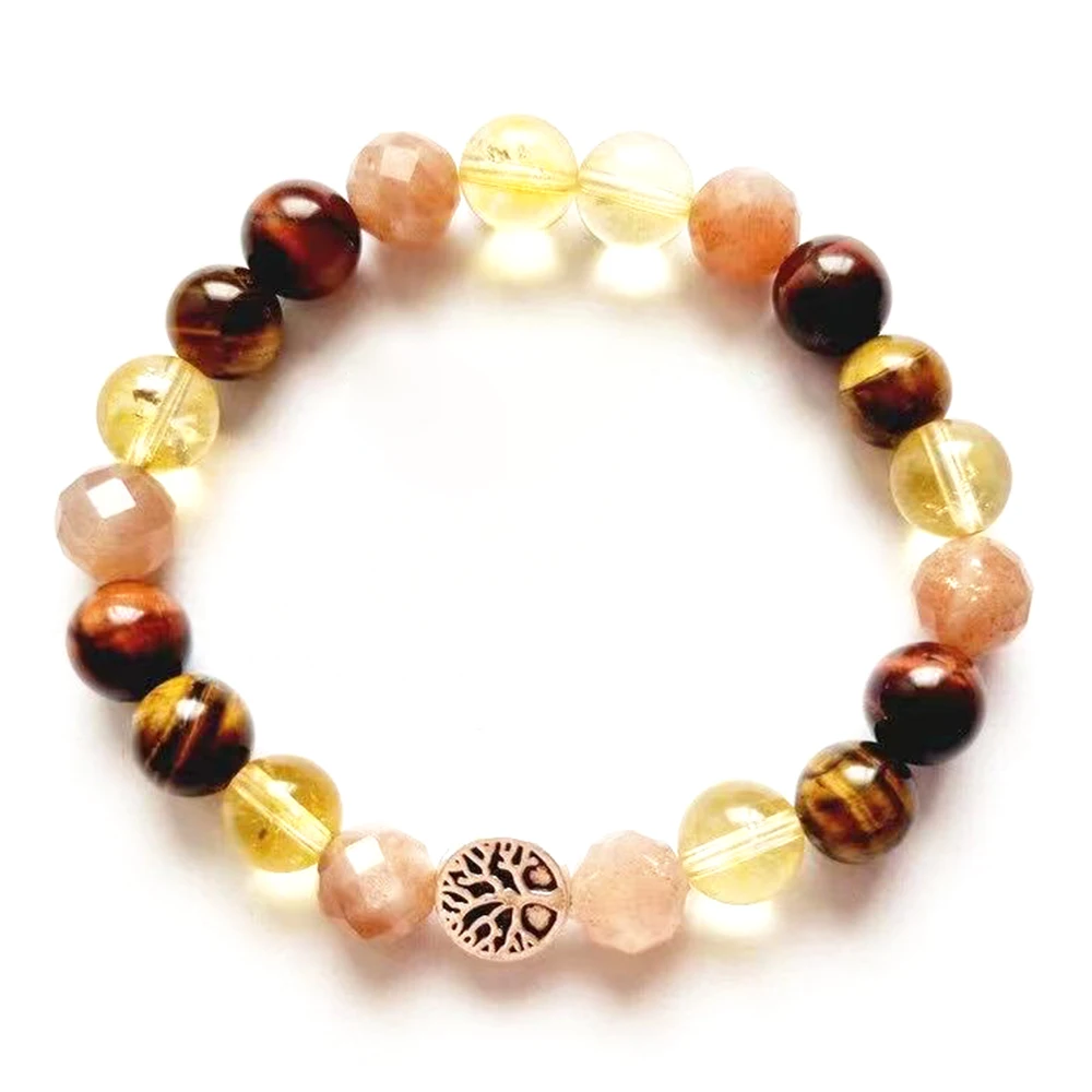 MG2077 New 8 MM Cutted Sunstone Tiger Eye Citrine Bracelet Handmade Tree Of Life Charm Gemstone Mix Wrist Yoga Mala