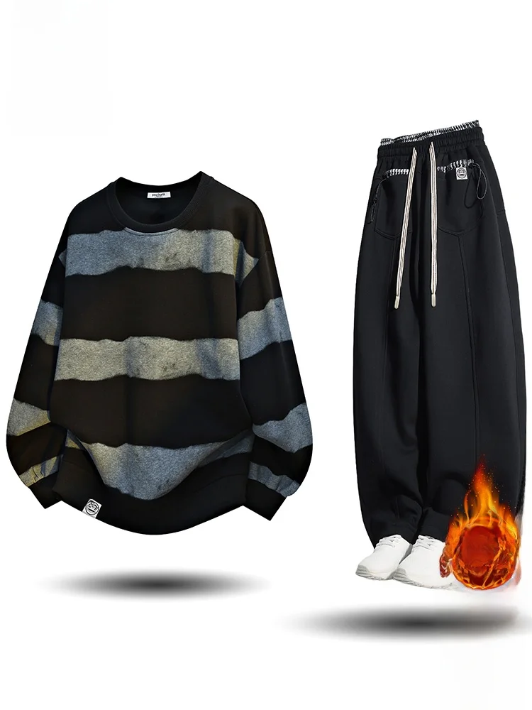 

PaulFrank Winter New Men's Fce Lined Trasuit Sweatirt And Casual Pants Striped Sportswear Set Comfortable Long Sve