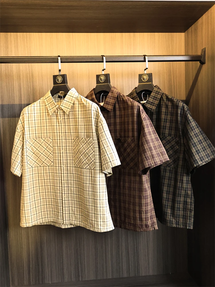 

Pure Cotton Washed Plaid Embroidered Loose Short Sleeve Men's Shirt Vintage Simple Collar Breathable Summer Fashion Daily Wear