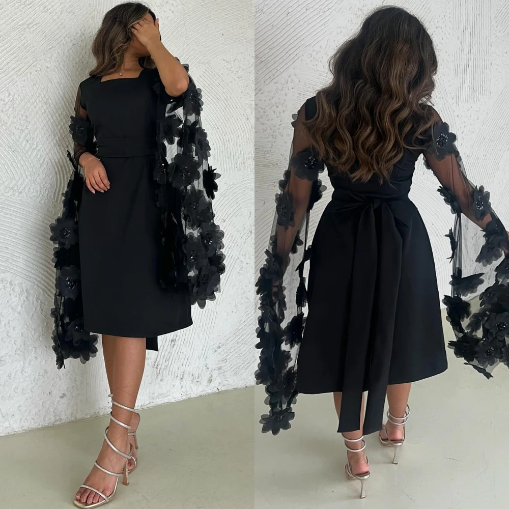 Jiayigong-Robe trapèze en jersey avec appliques, longueur au genou, tenue d'anniversaire, encolure carrée, occasion sur mesure