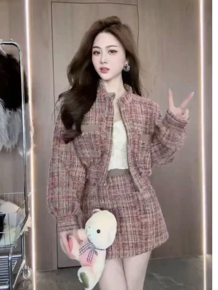 Insozkdg Winter New Plaid Pattern Chic Style Stand Collar Zipper Long Sleeve Cardigan Short Jacket and High Waisted A-Line Skirt