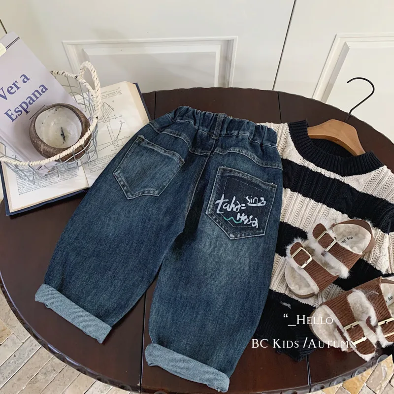 

222012, осенне-зимние хлопковые детские джинсы для мальчиков и девочек, повседневные брюки в корейском стиле, брюки с карманами и принтом, От 3 до 10 лет, база для малышей