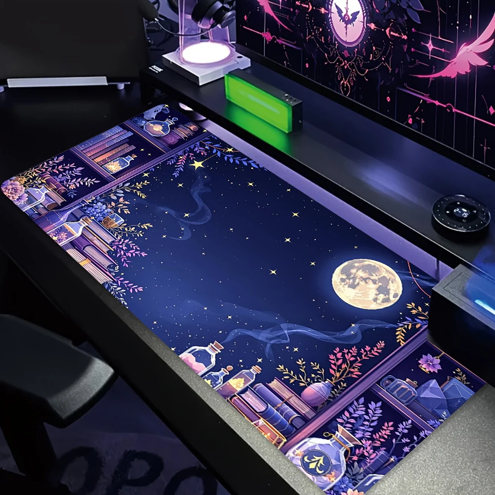 

Волшебная фиолетовая книжная полка и большой коврик для мыши в полнолуние, настольный коврик, игровые коврики, нескользящие коврики для стола с прошитыми краями, mauspad, офисный коврик