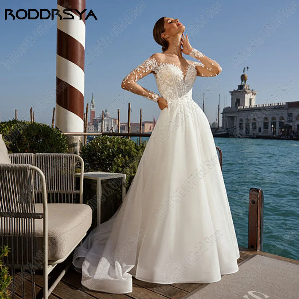 

RODDRSYA Long Sleeves Glitter Wedding Dress 2024 Bride O-Neck Applique A-Line Beach Bidal Gowns See Through Vestidos De Novia