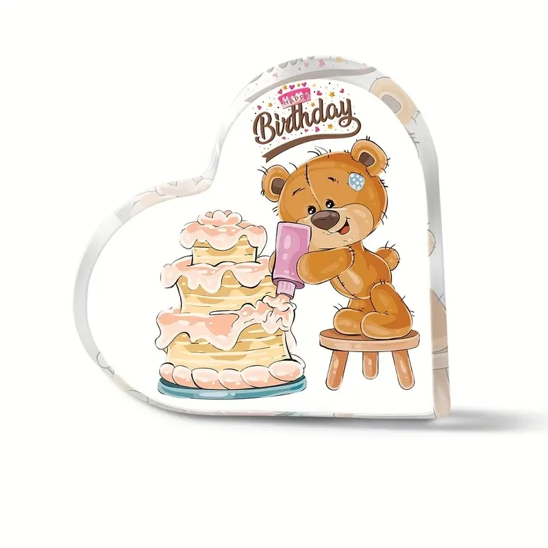 Bear Cake Printed Acrylic Transparent Heart Plaque Friendship Birthday Gift for Friends Brother Living Room Keepsake Desk Decor